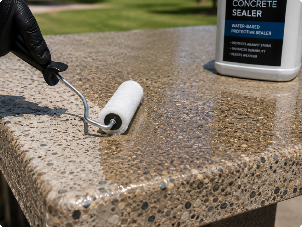 Concrete sealer being applied to outdoor table surface